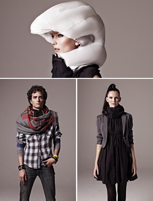 Hövdingin huivista ponnahtaa esiin pyöräilykypärä. Kankaita on saatavilla erilaisin kuosein.