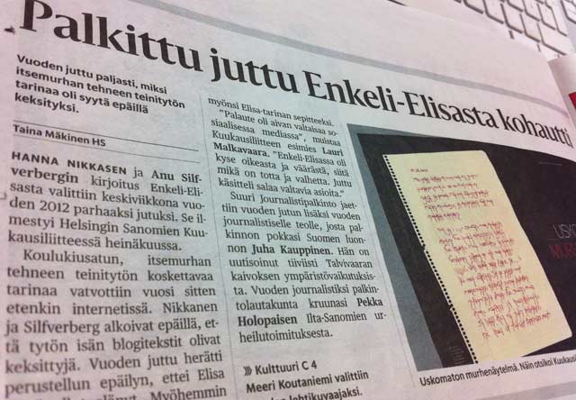 Hesarin Kuukausiliitteen jutun hehkutukselle riitti tilaa. Enkeli-Elisa-juttu oli tosin palkintonsa ansainnut.