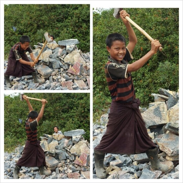 Quess how old is this hard working happy boy. Road work in Myanmar 2013.