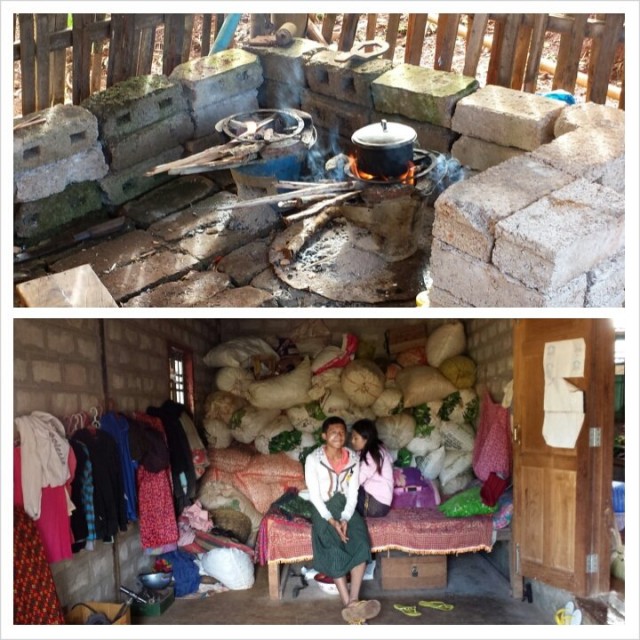 Kahvin keittoa avotulella. Takahuoneessa asunto.  Tyypillinen burmalainen elämäntyyli.