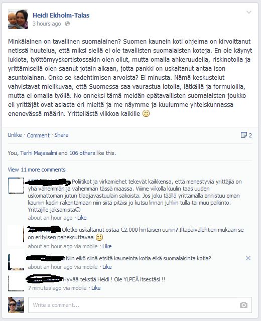 Heidi Ekholm-Talas kertoo, ettei kannata kadehtia toisia. Jokaisen kannattaa luoda oma uransa ja oma elämänsä. Jokaisella meillä on yhtäläiset menestymisen mahdollisuudet.