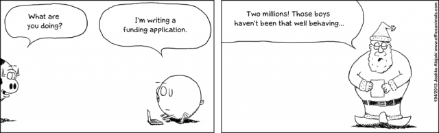 Rahoitushakemus: Sarjakuva Office Animals -luvalla. http://www.officeanimals.com/en/2013/12/20/last-moment-funding-application/