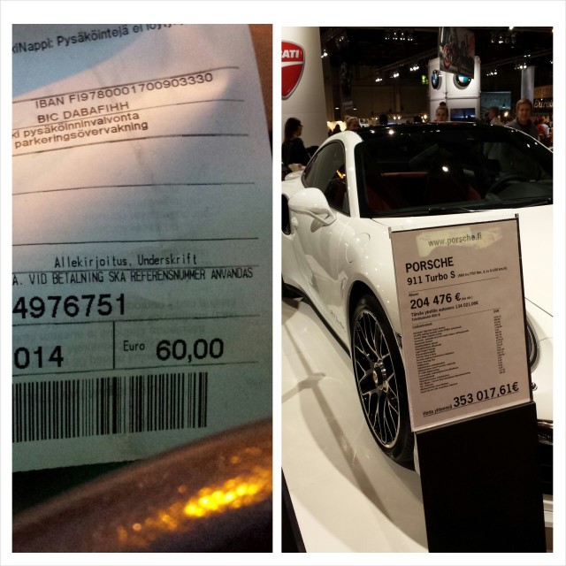 Moottoriurheiluun kuuluu luonteeltaan kova verotus ja silloin tällöin otettavat sakot. Mitä mieltä olet onko Porchen 134021 euron autovero kohdillaan? MP hengessä nappasin messujen aikana parkkisakot. Rahaa kaupunkiki tarvii kato.