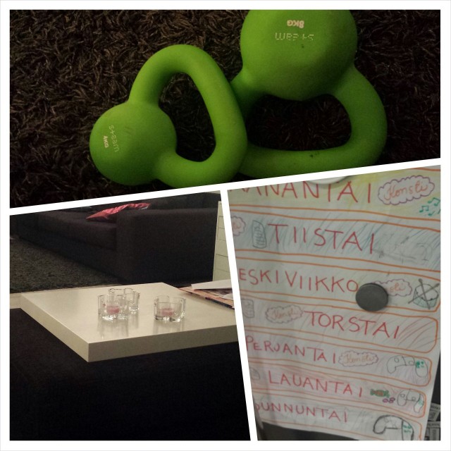 Tässä yli kolmekymppisen perustarpeistoa. Tuunattua Ikeaa. Kahvakuulaa ja lasten kalentereita.