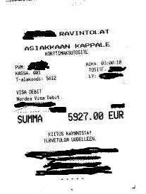 Tässä yksi todellinen kuitti, railakkaalta baari-illalta. Kiitos käynnistä. Et todennäköisesti muista mistä riveistä lasku koostuu, mutta silti Tervetuloa uudelleen!