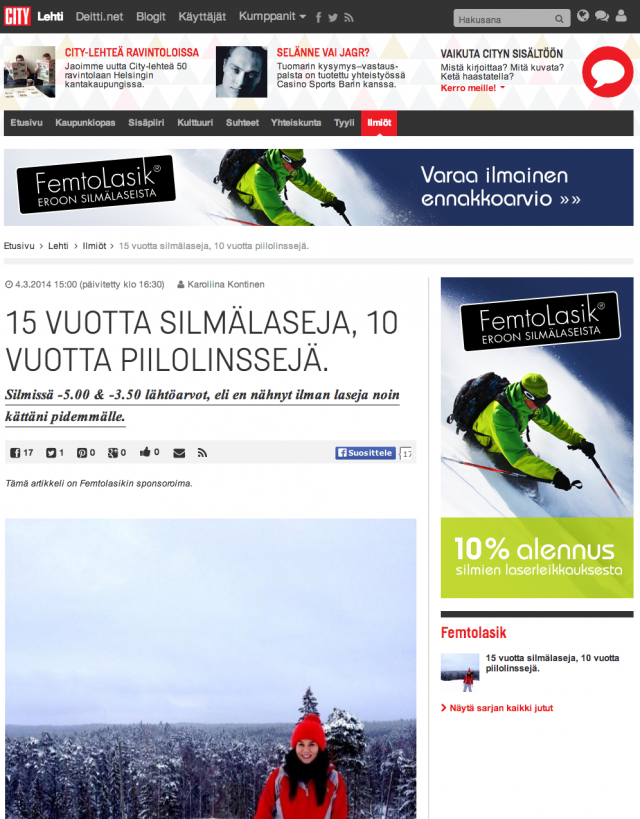 Natiivi mainos kertoo rehellisesti kuka mainoksen on maksanut. Tämä kuvan esimerkki kertoo artikkelin olevan FemtoLasik:in sponsoroima.