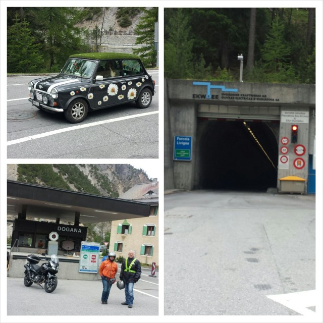 Sveitsistä Italian Livignoon meidän kanssa samaan tunneliin jonotti muitakin motoristeja  ja söpö auto.