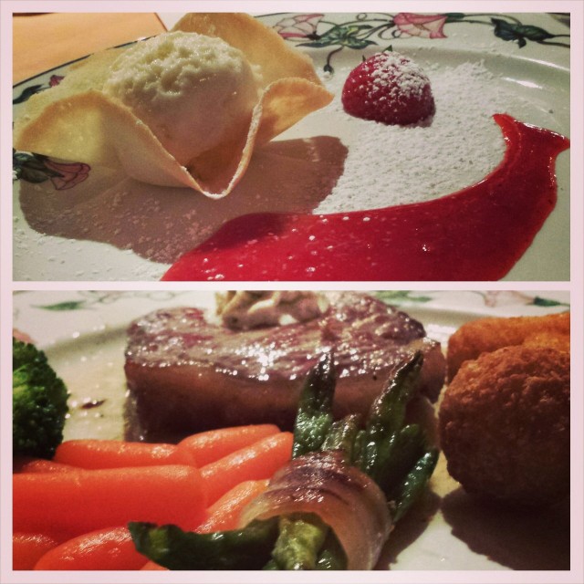 Tämä ruoka oli muuten mainio. Hyvä jälkkäri ja pihvi mutta porkkanat ja perunapallerot olivat karmeita.