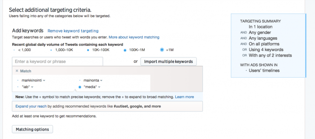 Mainontaa voidaan kohdentaa aihepiireittäin tai hakusanoittain. Hain kampanjallani näkyvyyttä markkinoinnista kiinnostuneiden parissa.