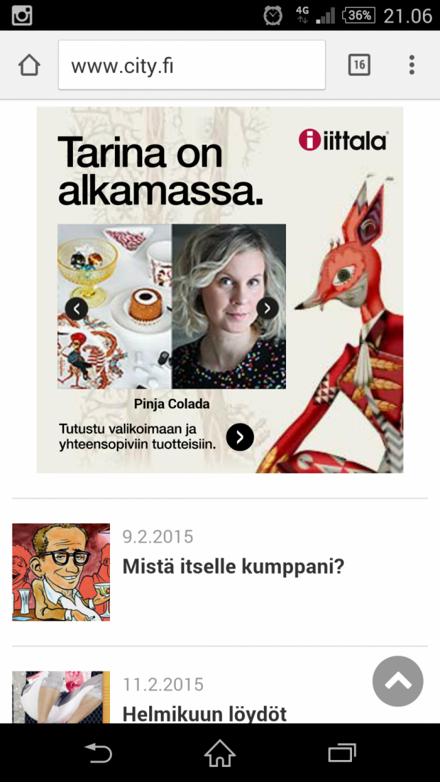 Iittalan mainos toimii hyvin mobiilissa. Brändi näkyy hyvin ja huomioarvo mobiilipäätelaitteen ruudulla on merkittävä.