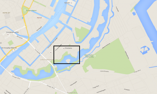 Christiania sijainti Kööpenhaminassa. Kartta (c) Google Maps.