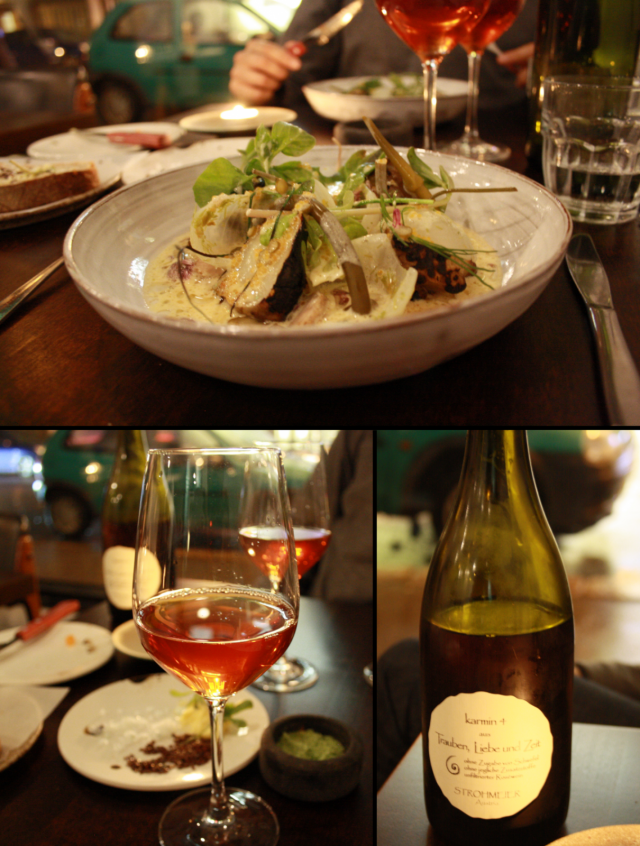 Pääruoaksi MAA-ARTISOKKAA, pikkelöityä vihreää mansikkaa, hopeasipulia, valkosipulin kukinnon versoa, siianmätiä, "redusoitua" kermaa, tattikreemiä pohjalla / Biodynaaminen Trauben, Liebe und Zeit Rosé Karmin Nro 4