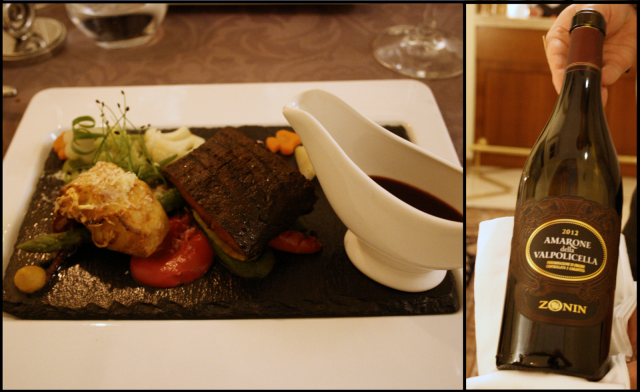 Pitkään kypsytettyä Peuraa mustaherukkakastikkeella, perunagratiini, punajuuripyree sekä hippu väkevää sinappia. / Zonin Amarone della Valpolicella 2012.