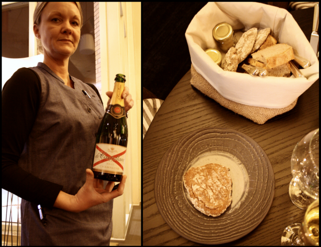 Ekologisesti kierrätysmateriaaleista valmistetut työasut ovat Touchpointin käsialaa. Champagne de Castellane Brut nautiskellaan ostereiden kanssa. / Leipäkorista löytyy mm. voita lipstikalla sekä naturel. Brossa valmistettu tumma leipä on herkullista