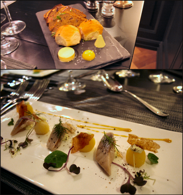 Kolmea eri levitettä, mustaa sekä vaaleaa leipää. / Suolattu & marinoitu silli, perunaa, olut- sekä mustaleipäsipsiä, HERRRKULLISTA sinappia. VIINI: Moët & Chandon Rose Imperial Brut