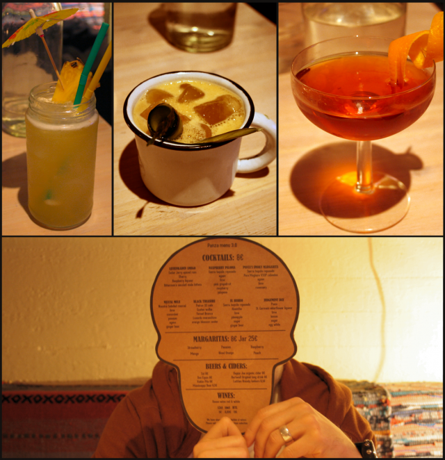 Panzassa on erinomainen valikoima cocktaileja! Kuvissa El Burro, Mezcal Mule sekä Ajurinkadun Amigo. / Juomalista löytyy pöydästä hauskana Panzan logoon sovellettuna pahvipääkallona.