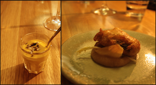 Keittiön kaksi tervehdystä jotka uppoilivat mukavasti samppanja kylkiäisenä.