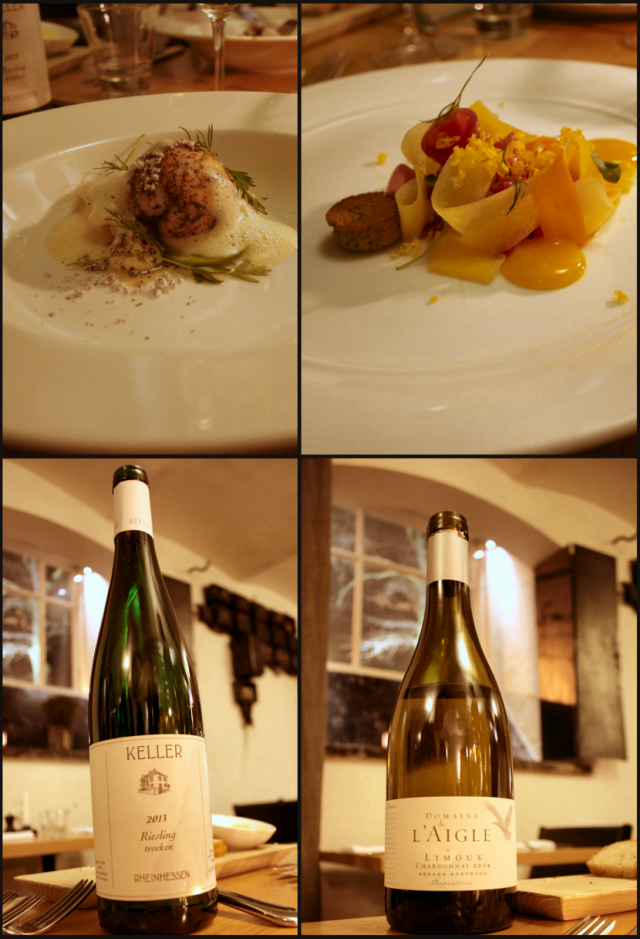 Molemmat alkuruoat, siika-lohi kalapallo sekä uskomaton naudan ulkofiletartarannos. Pariutetut viinit olivat erinomaisia, etenkin Domaine de l’Aigle Chardonnay tartarin kanssa.