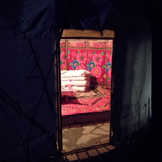 Vuoristossa päädyimme dinnerille Kazakkien jurttaan. Luomulammasta.