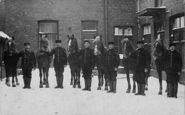 Mestaritallilla hoidettiin aikoinaan Mannerheiminkin hevosta. Kuvassa pääpaloaseman hevosia 1920-luvulta.