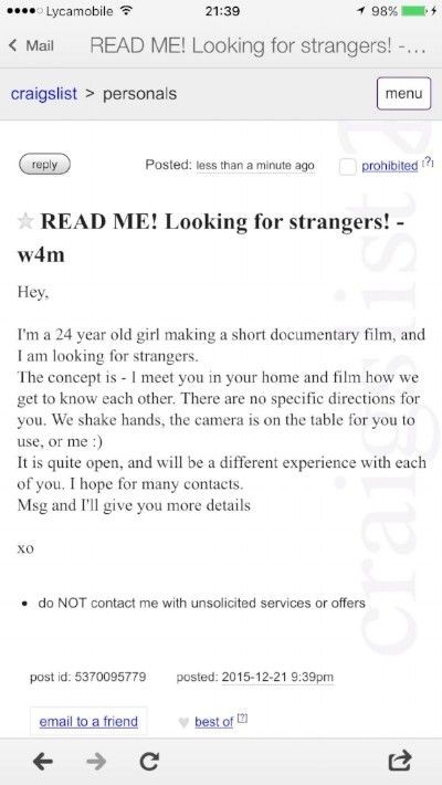 Elagozin ilmoitus Craigslist-palvelussa.