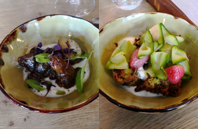 Ravintola Kajosta saa myös erinomaisia kasvisannoksia, tarvittaessa vegaanisena. Kuvissa maa-artisokka annos sekä kesäkurpitsa (mansikat oli omnom).