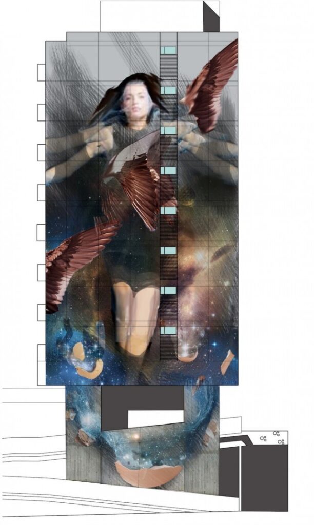 Luonnos Li-Hillin muraalista Sähköttäjänkadun seinässä.