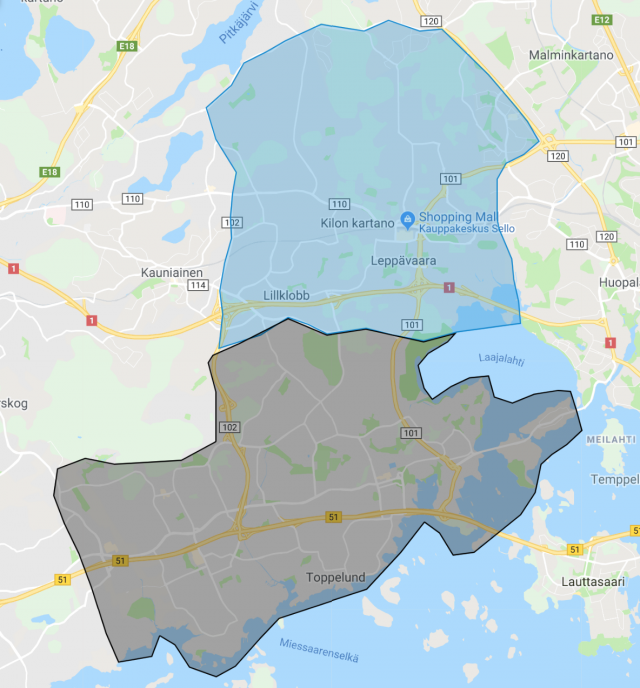 Woltin kuljetusalue ulottuu Tapiolan ja Matinkylän lisäksi myös Leppävaaran alueelle.