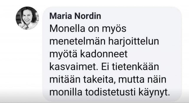 Kuvakaappaus vanhasta yksityisviestistä. Keskustelu liittyy DNRS-menetelmään, ei Nordinin nykyisin harjoittamaan Free to Heal -menetelmään.