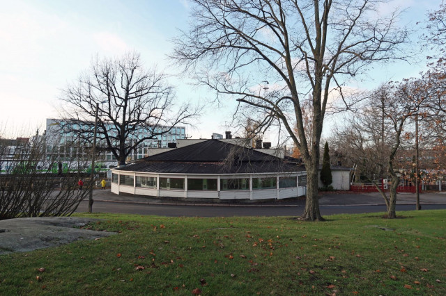 Huonokuntoisen Ravintola Kaisaniemen katon läpi kasvaa puu.