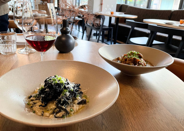 Mustatorvisienirisotto ja kaniragu toimivat loistavasti Pinot Noirien kanssa.