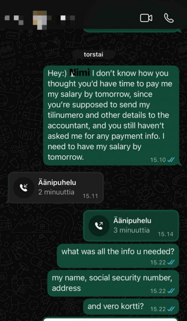 Kuvankaappaus Demin ja työnantajan välisestä viestiketjusta.