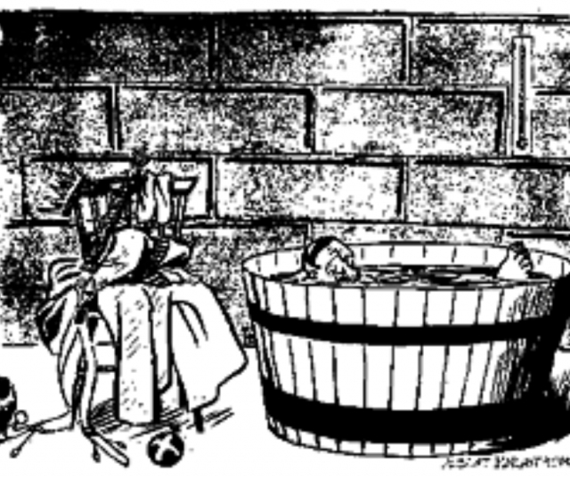 Ikivanha “Maailmanhistorian kuvittajan” näkemys siitä miten kuningas Fjolner valmistautuu hukkumaan simaämpäriin. “Toivon, että historioitsija Odhner kuvaa tämän onnettomuudeksi."